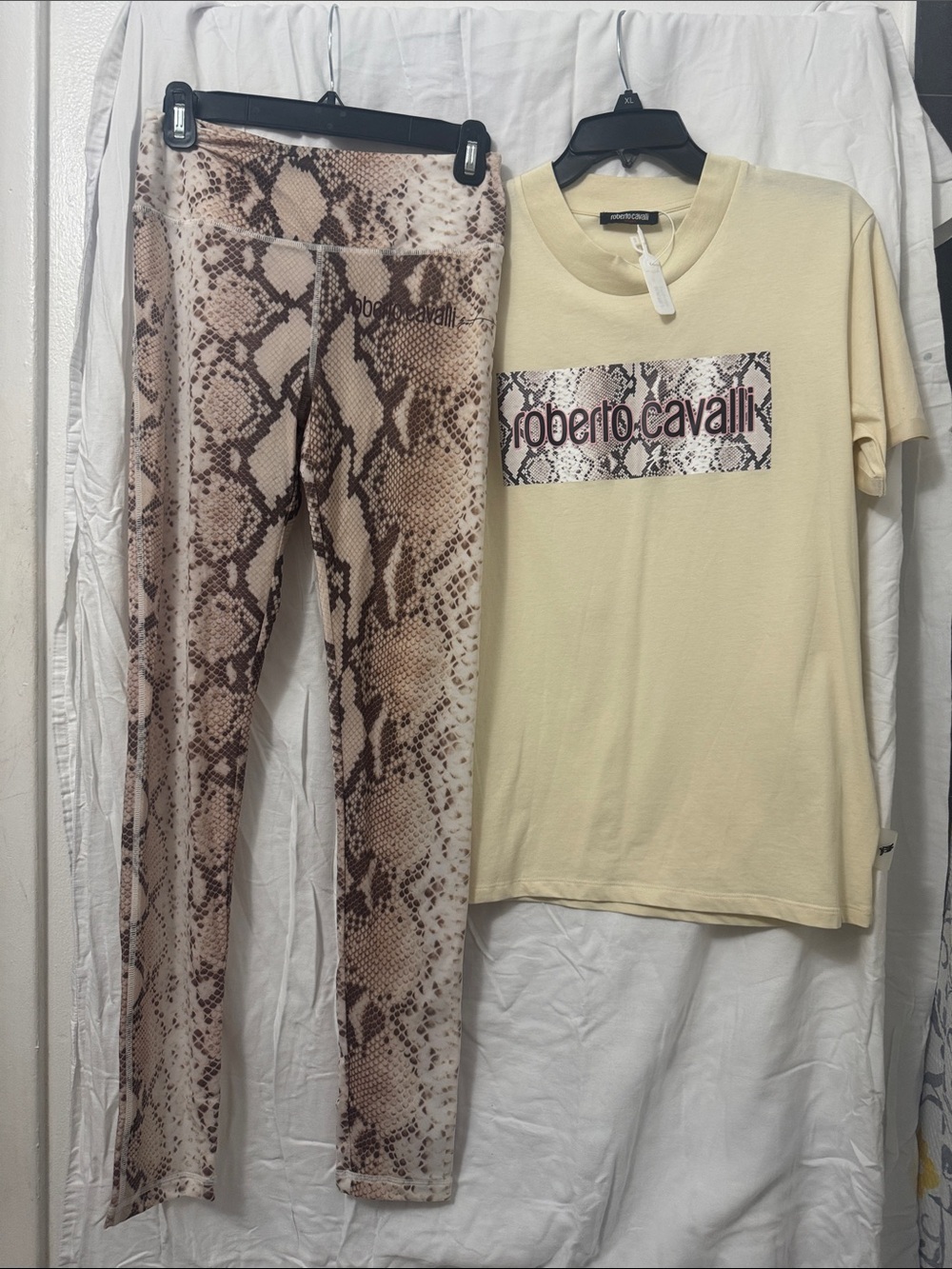 Roberto Cavalli Beige Snake-Print Tee and Leggings Set